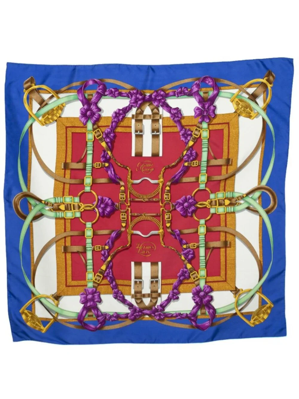 Hermes Scarf Blue Pink Gold 100% Twill Silk